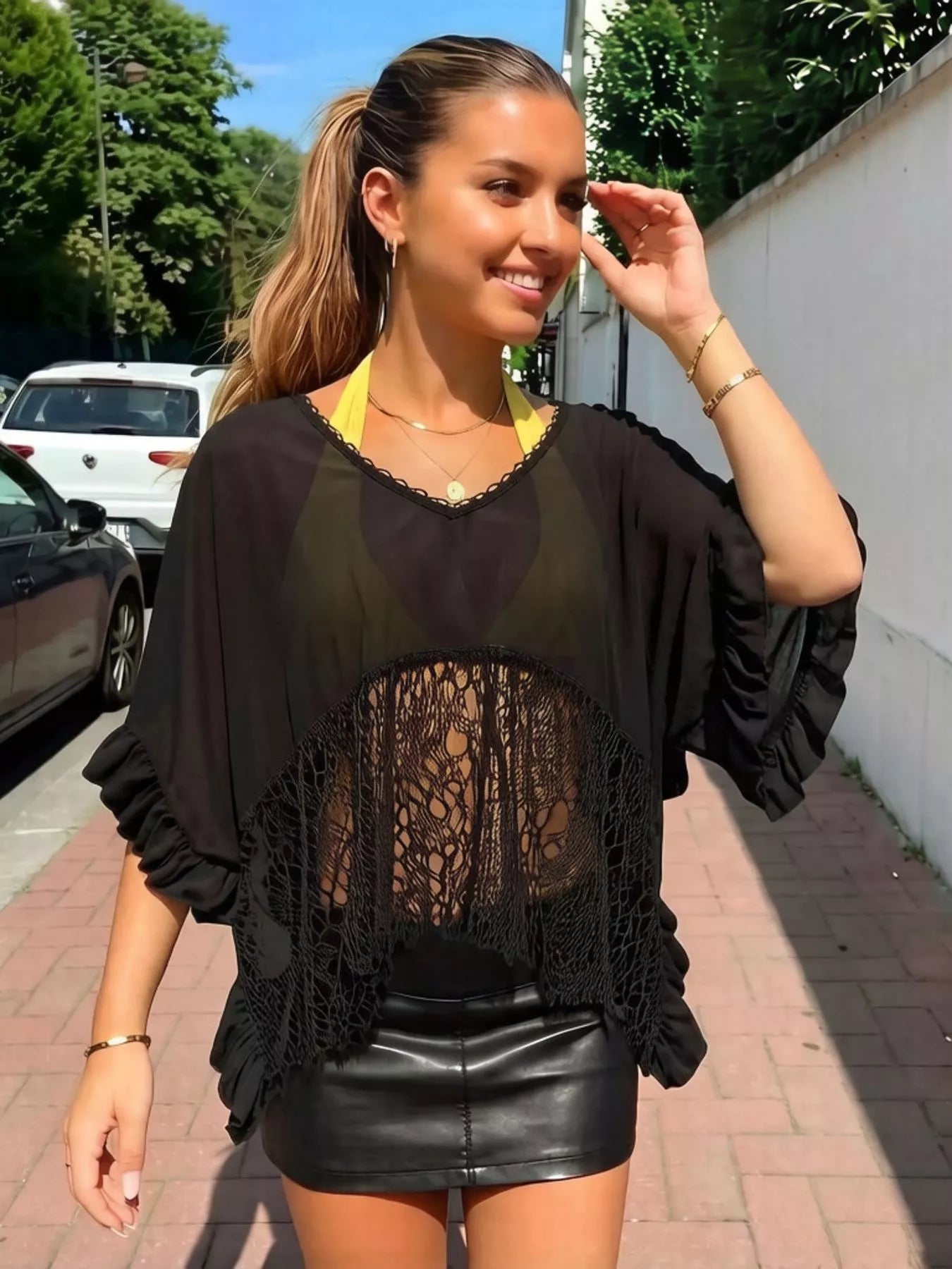 Cedar & Moore Lace Trim Flowy Cover-Up in black with sheer lace and ruffled edges