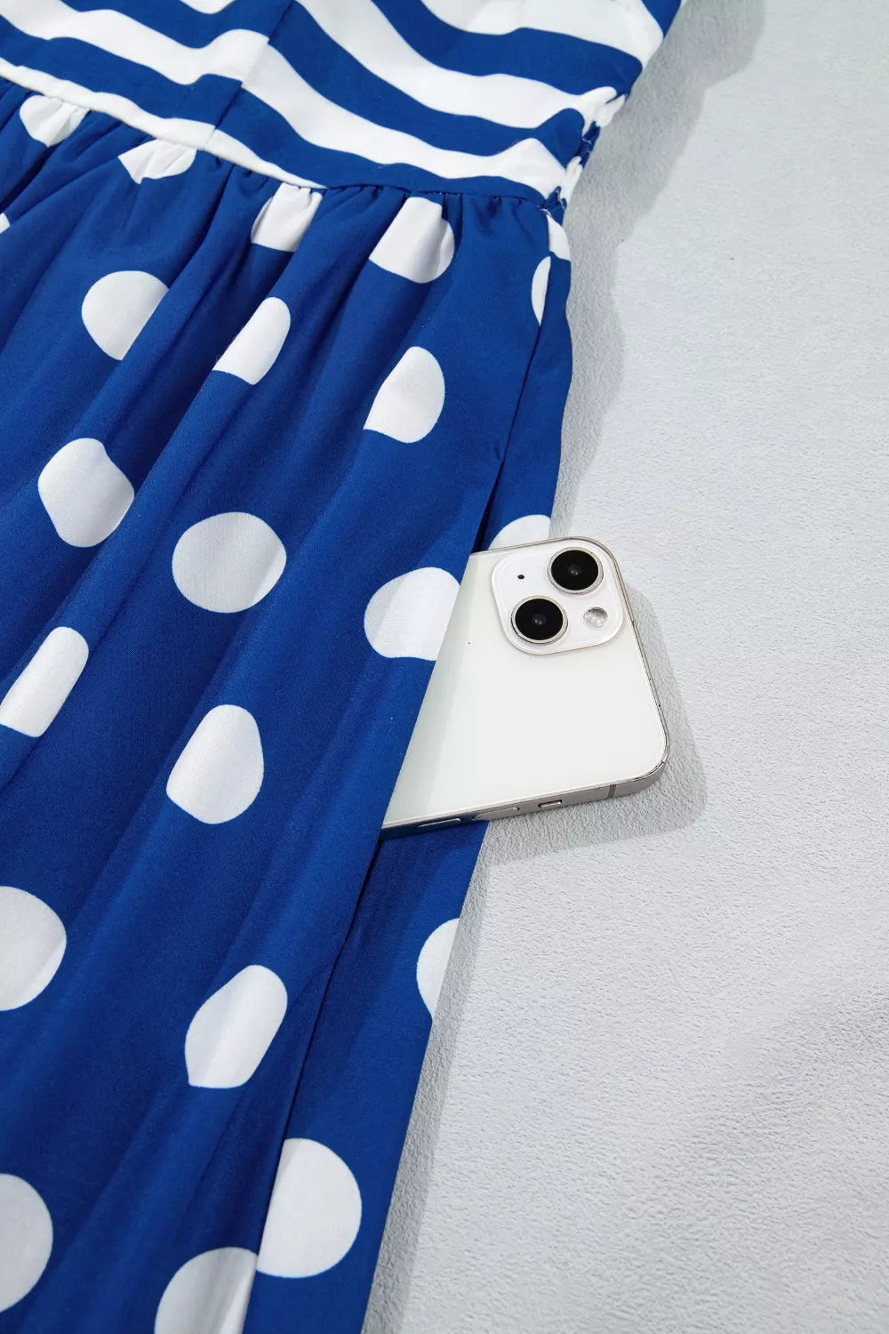 Cedar & Moore Striped Polka Dot Patchwork Maxi Dress in blue and white, high waist spaghetti straps