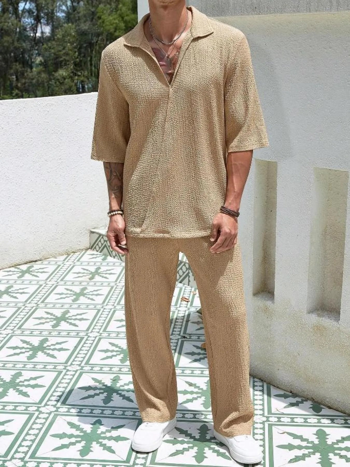 Men's plus size half-sleeve top and pants set, khaki, front with collar