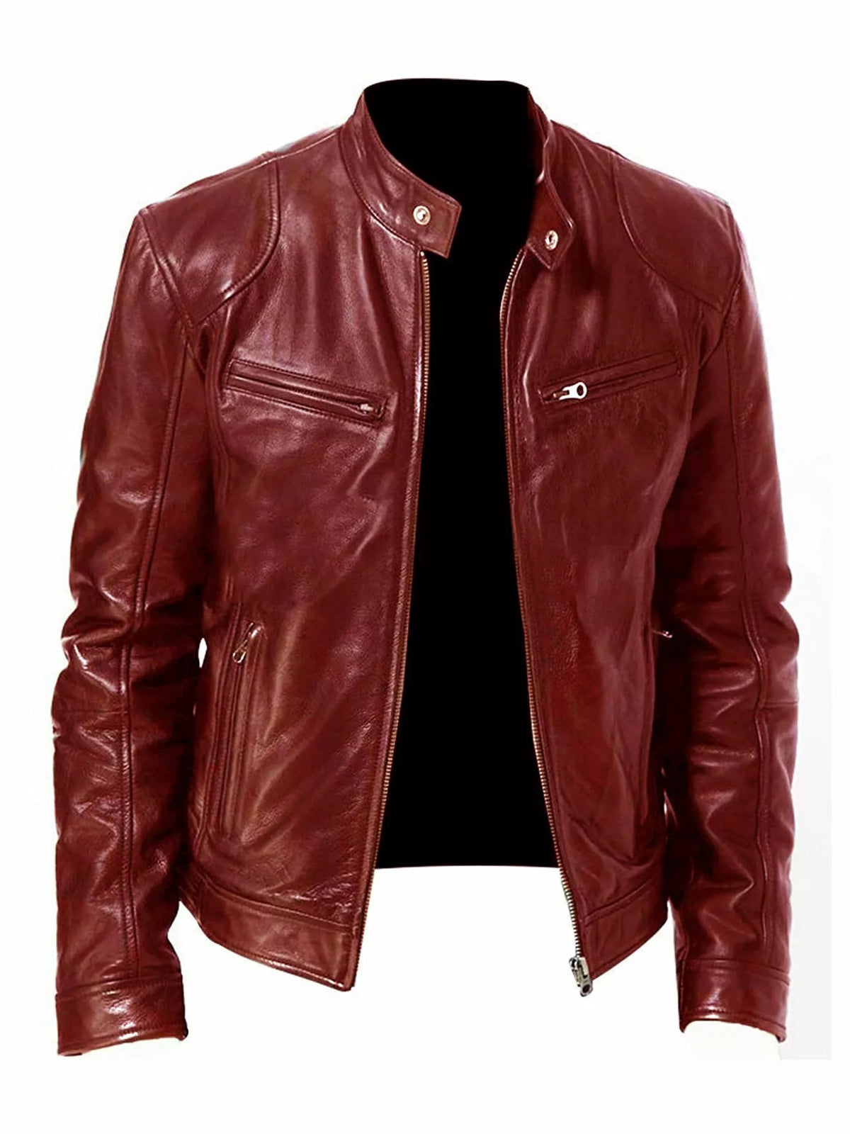 Men's zip-up vegan leather jacket, burgundy, front zipper, two chest pockets, stand collar