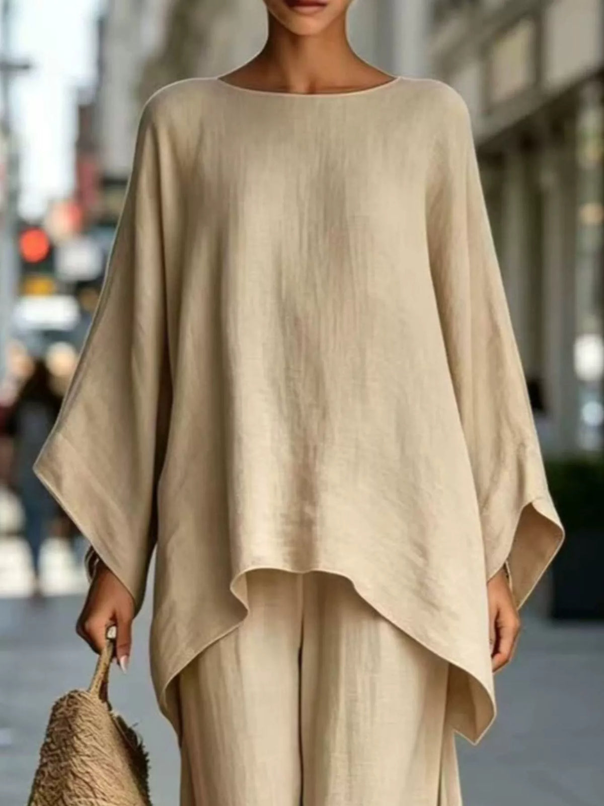 Two-piece batwing top and wide-leg pants set, light beige cream batwing tunic overlay