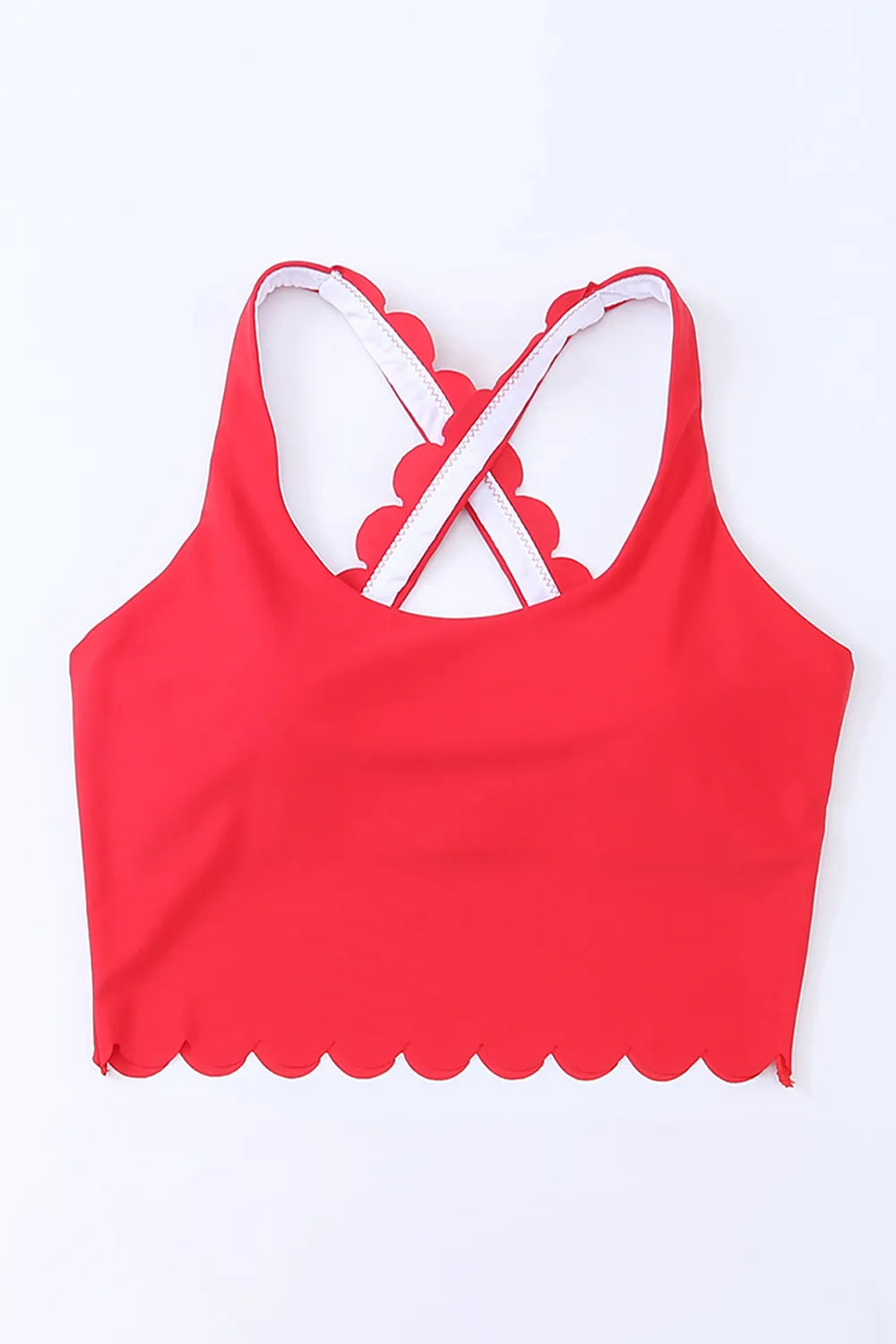 Red crisscross scoop neck swim top with scalloped hem and crossed straps