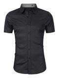 Men's collared short-sleeve shirt, black micro-pattern with button front.