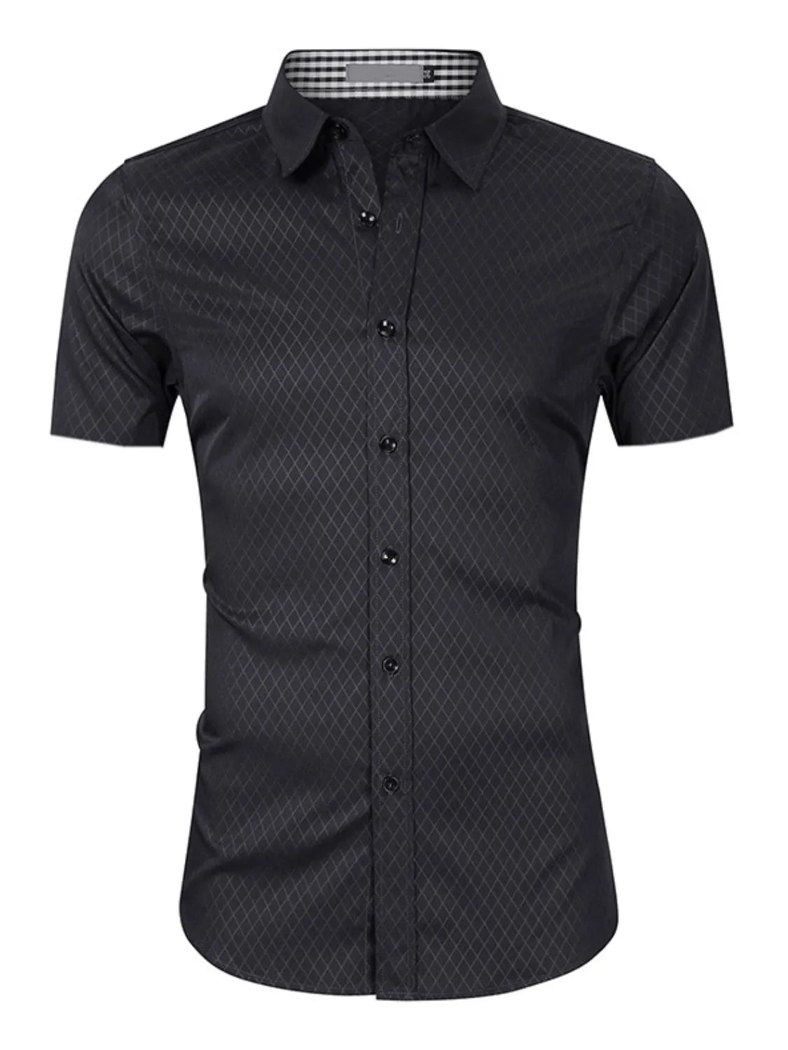 Men's collared short-sleeve shirt, black micro-pattern with button front.