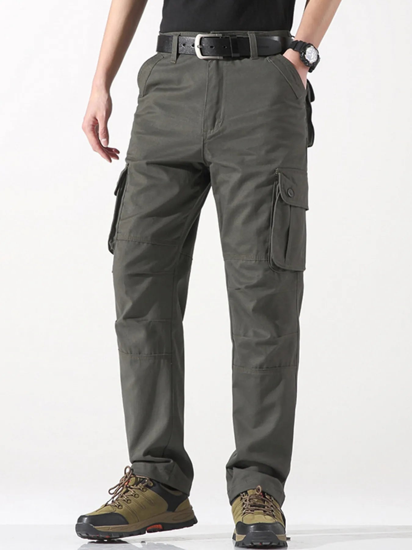 Wide leg cargo pants in gray-green with belt and side cargo pockets