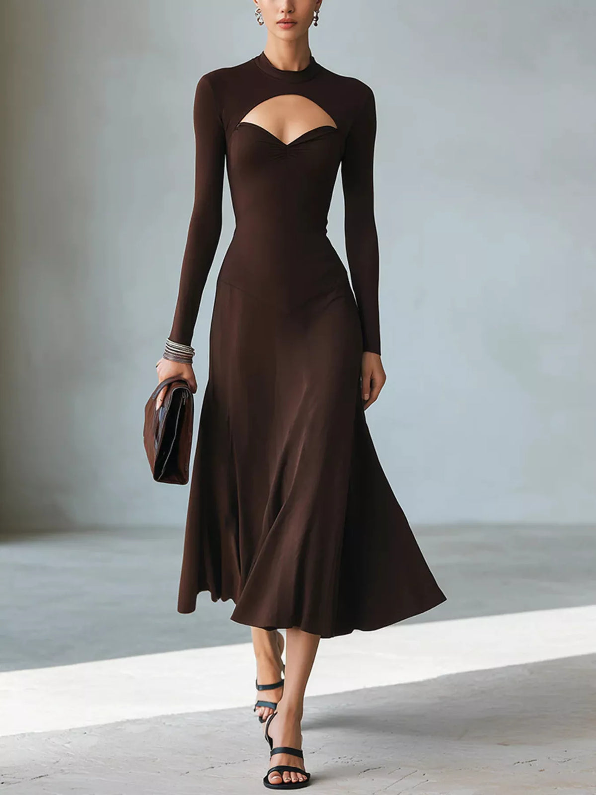 Mock neck cutout long-sleeve midi dress in dark brown, fitted with flared skirt