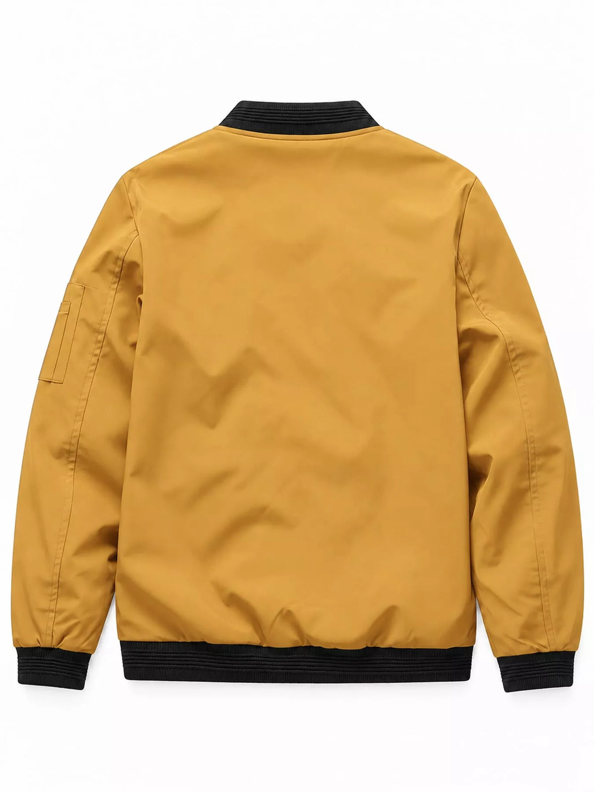 Mustard yellow lightweight bomber jacket, back view with ribbed hem and cuffs