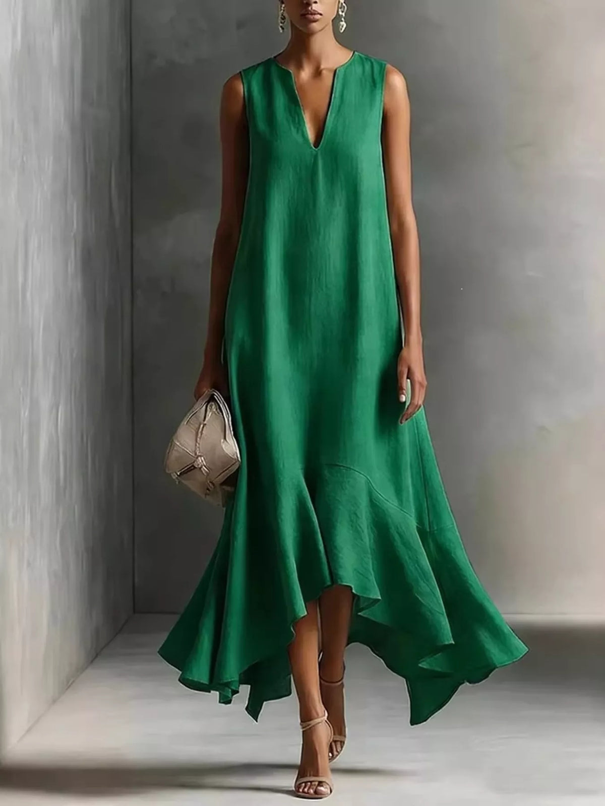 Green sleeveless summer dress with V-neckline and ruffled high-low hem