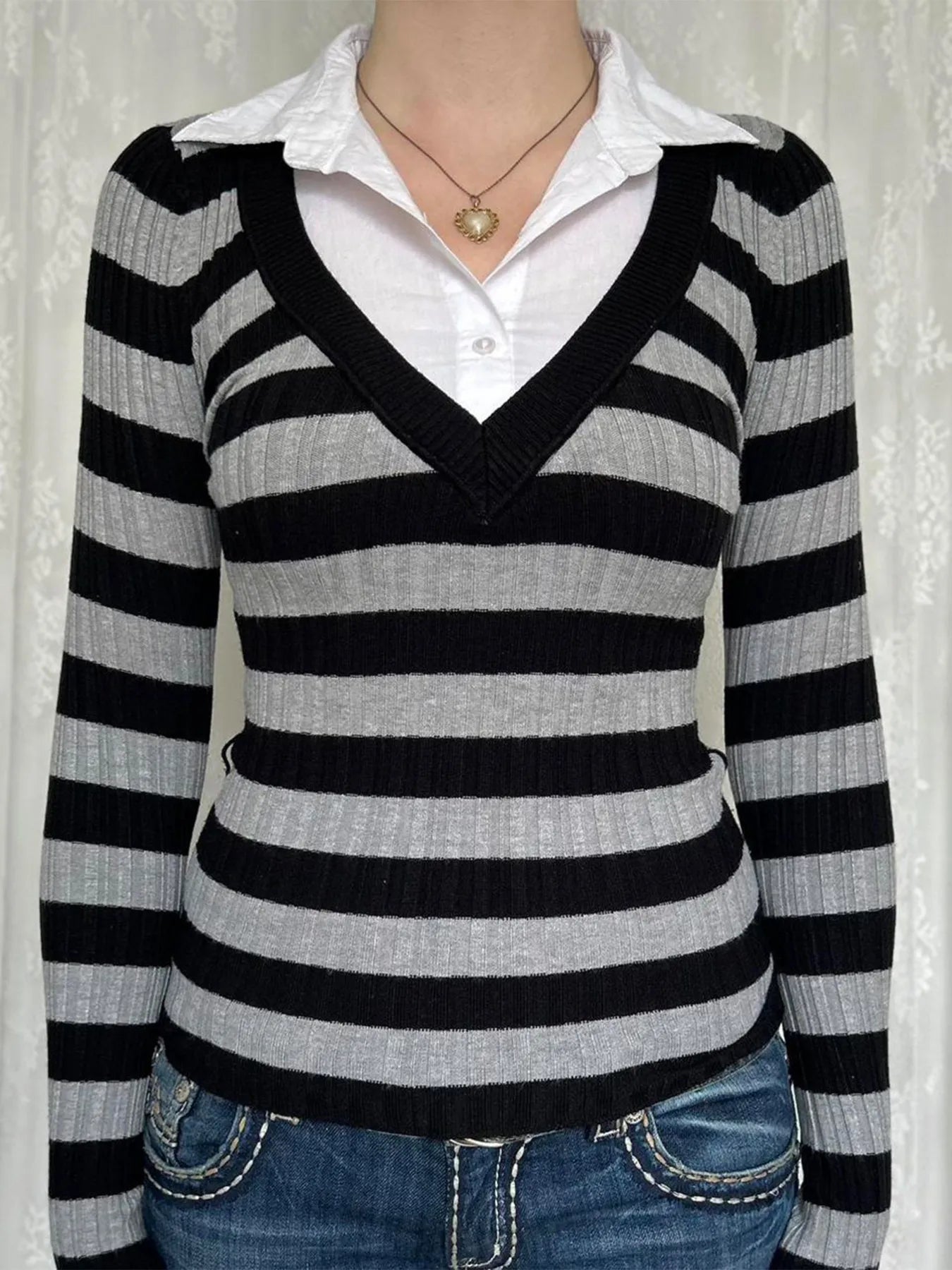 Striped knit long-sleeve sweater top with contrast V-neck and white button-front collar