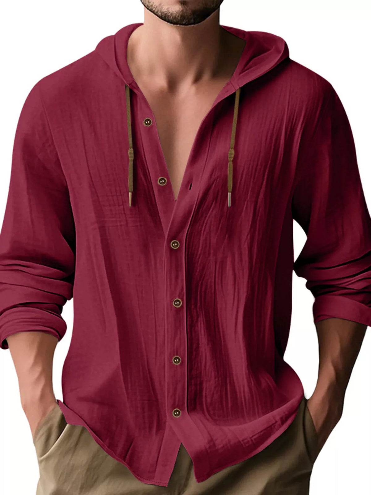 Men's burgundy linen hooded button shirt with drawstring, long sleeves