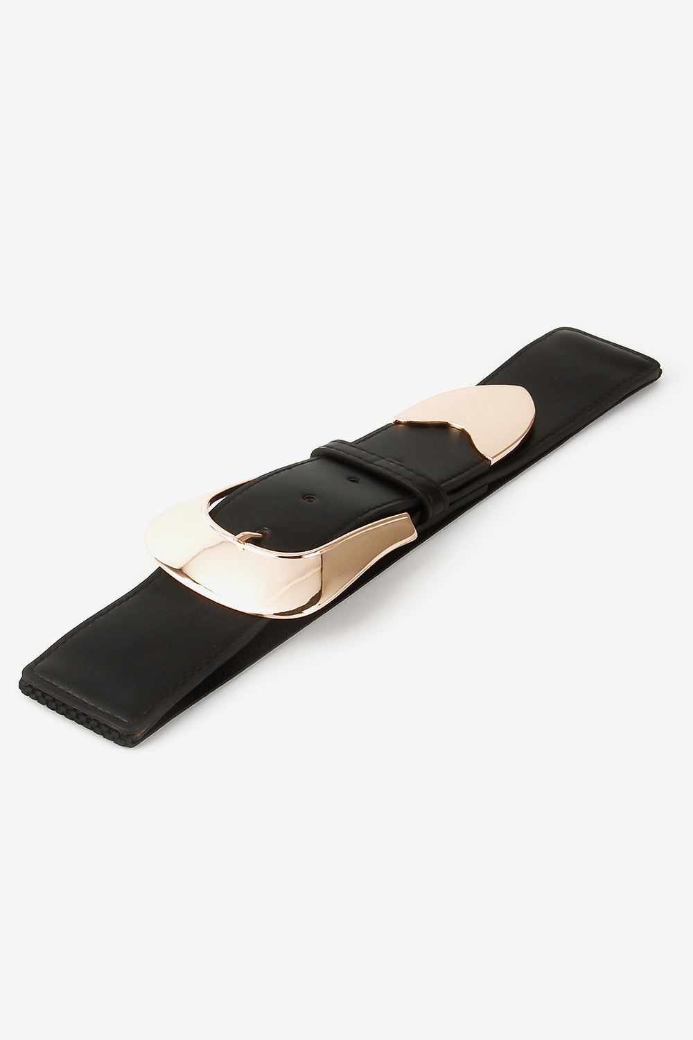 Black wide vegan belt with gold-toned buckle and elastic back strap