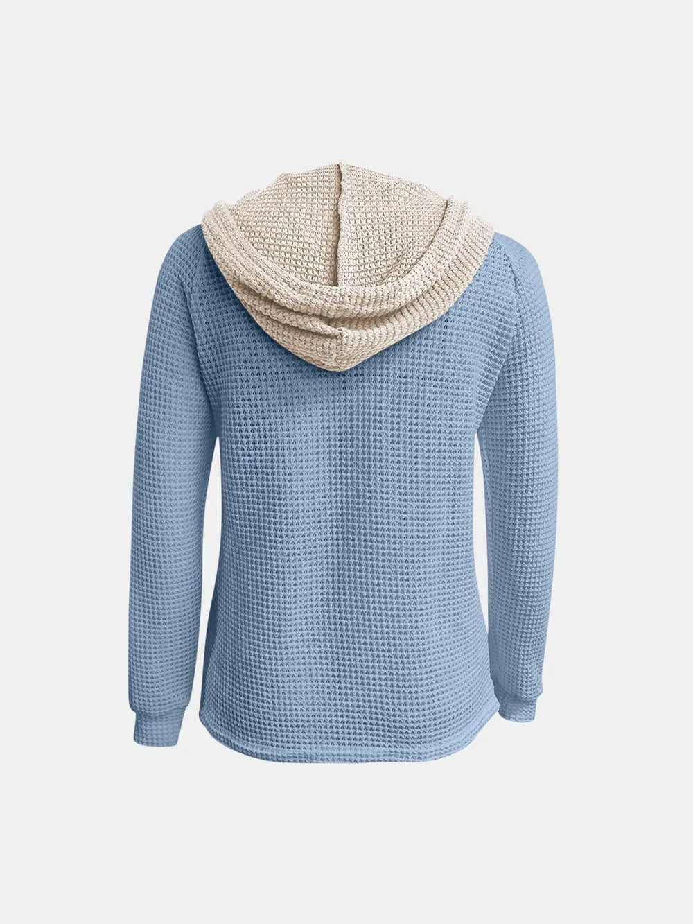 Blue waffle-knit hoodie back with hood, ribbed cuffs, and kangaroo pocket