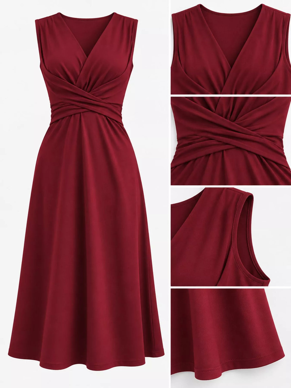 Burgundy ruched front midi dress with crisscross elastic waist detail