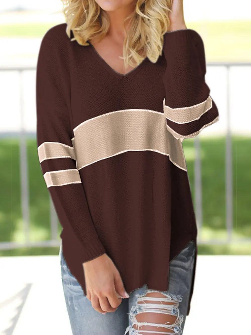 Chocolate-brown V-neck long-sleeve sweater with cream stripe across chest and sleeves