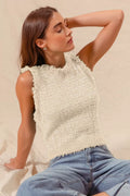 Oatmeal tweed knit sweater vest top, sleeveless high neck with frayed edges