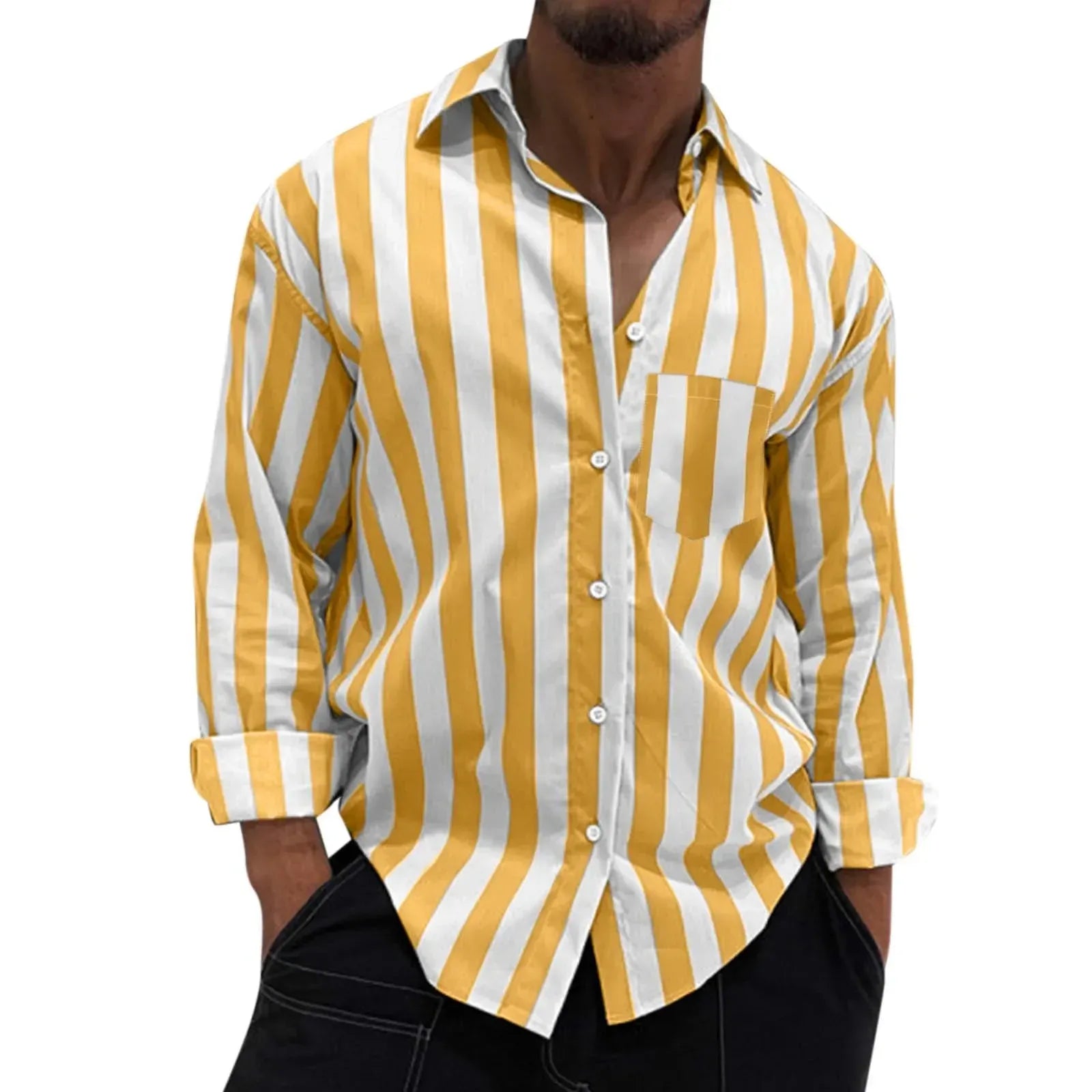 Yellow and white striped long-sleeve button-down shirt, button front and chest pocket