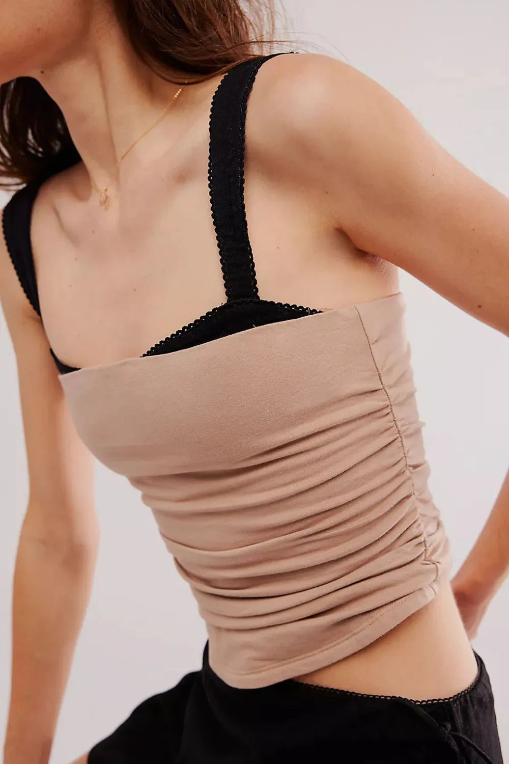 Beige ruched square-neck cami with black straps, side view