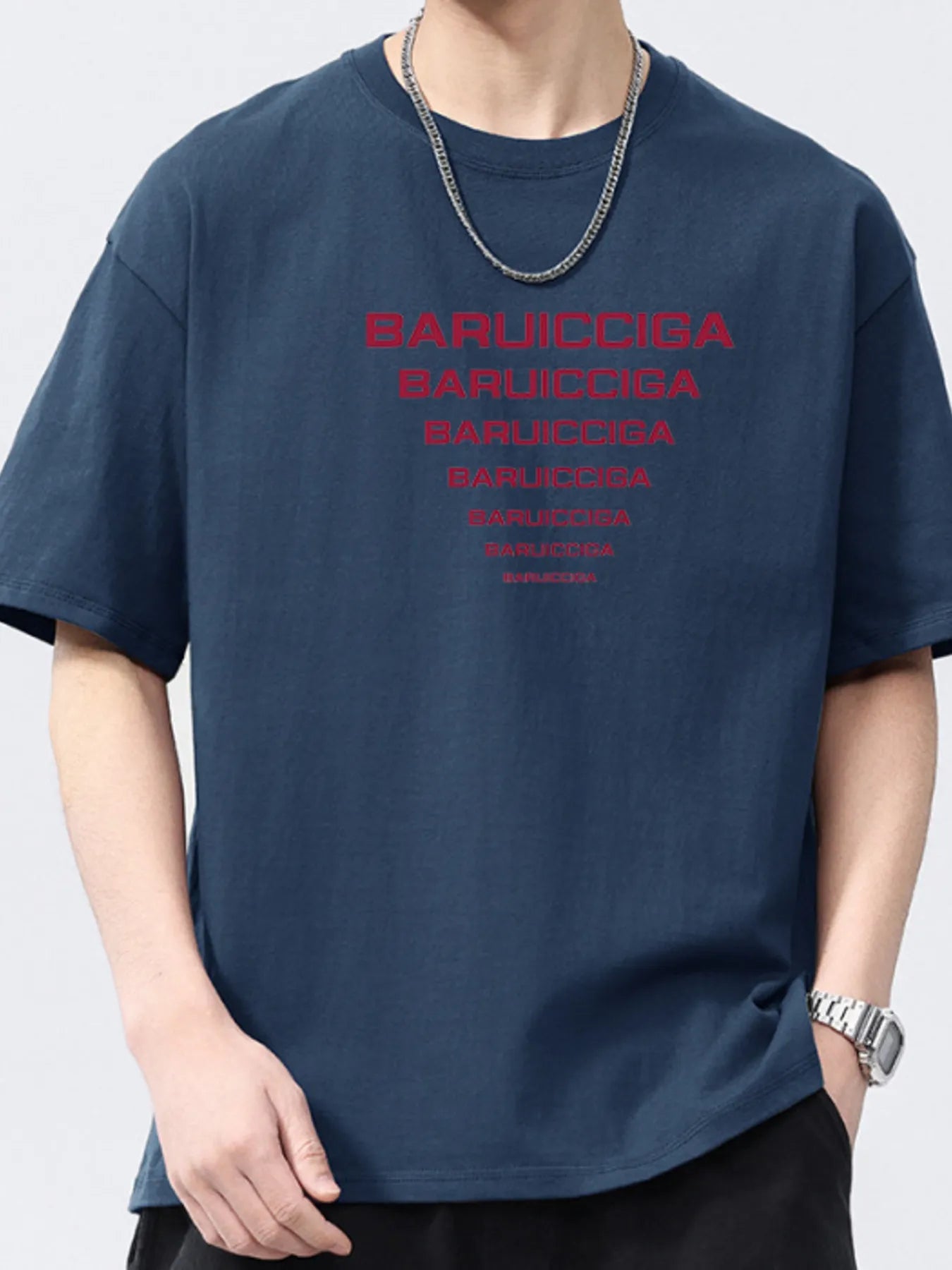 Navy blue round-neck short-sleeve T-shirt with red logo text print.