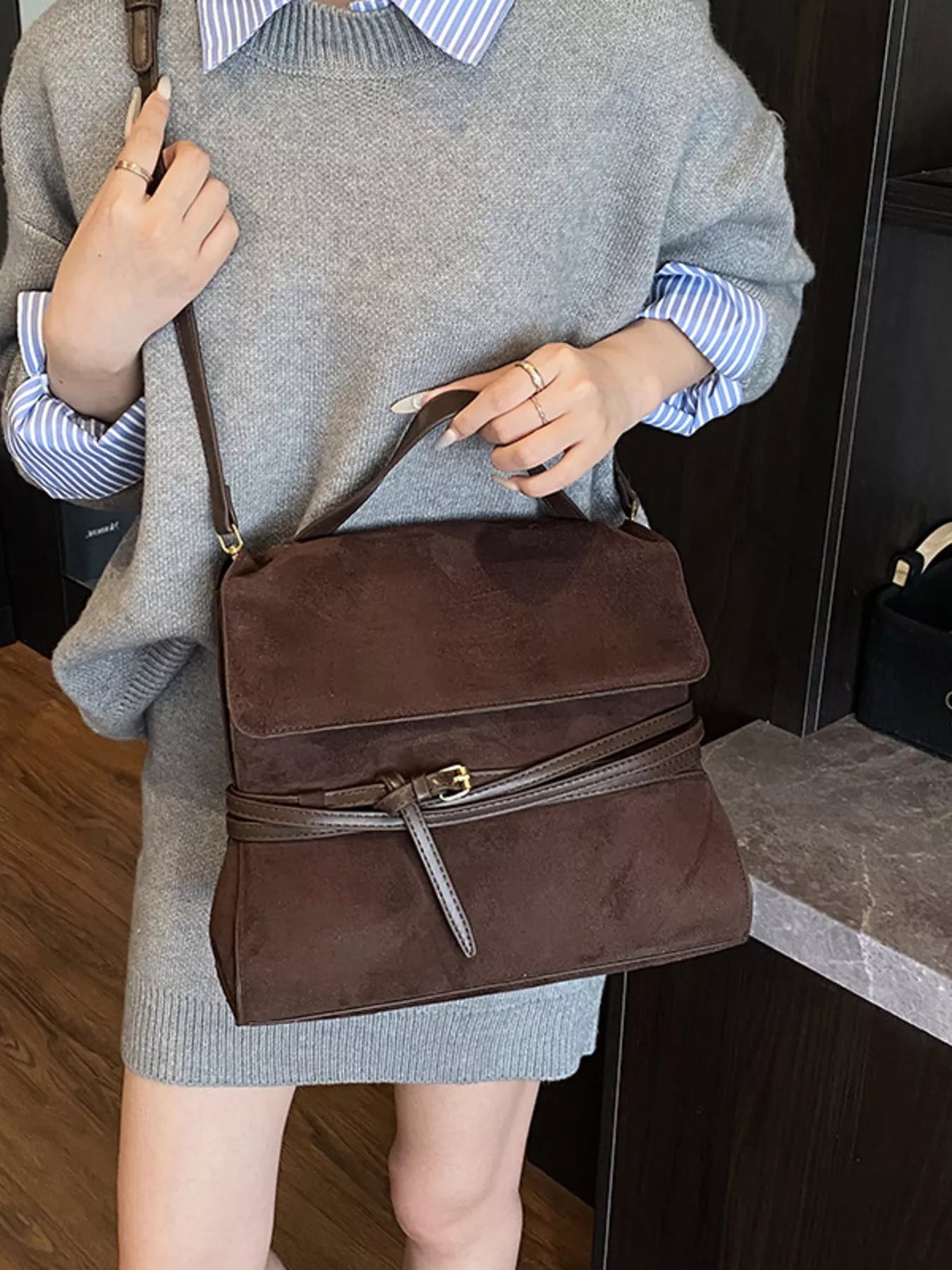 Cedar & Moore Suede backpack bag, brown with belt decor, medium size by Trendsi