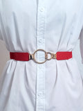 Red elastic vegan leather belt with double ring buckle and metal keeper tabs