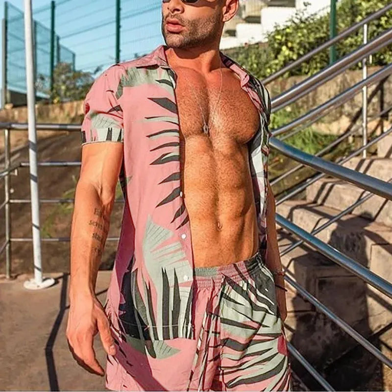 Men's button-up shirt and shorts set, pink with tropical leaf print