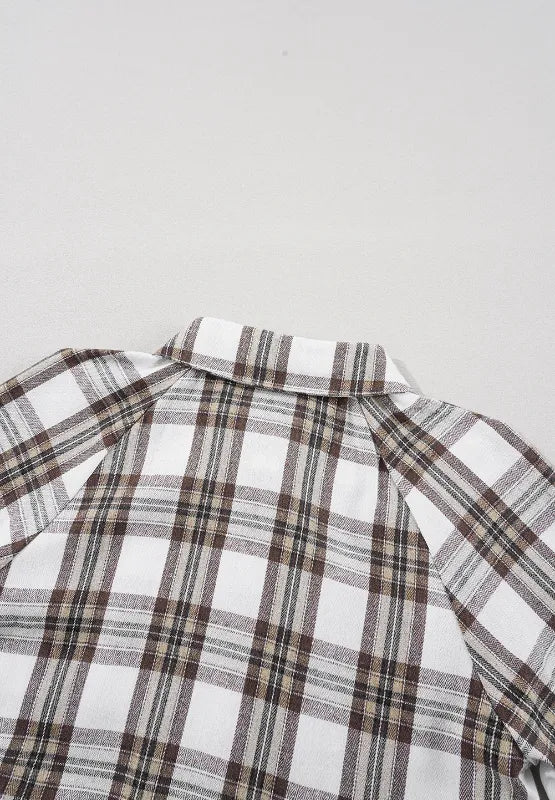 Plaid mini shirt dress with stand collar and long puff sleeves, white with brown and gray