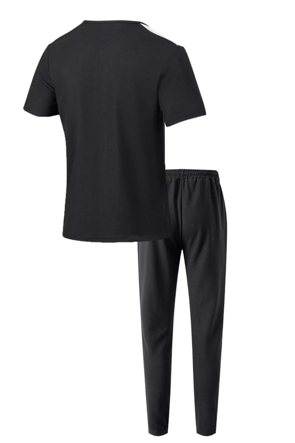 Men's casual two-piece pants set in black: short-sleeve shirt and matching tapered pants