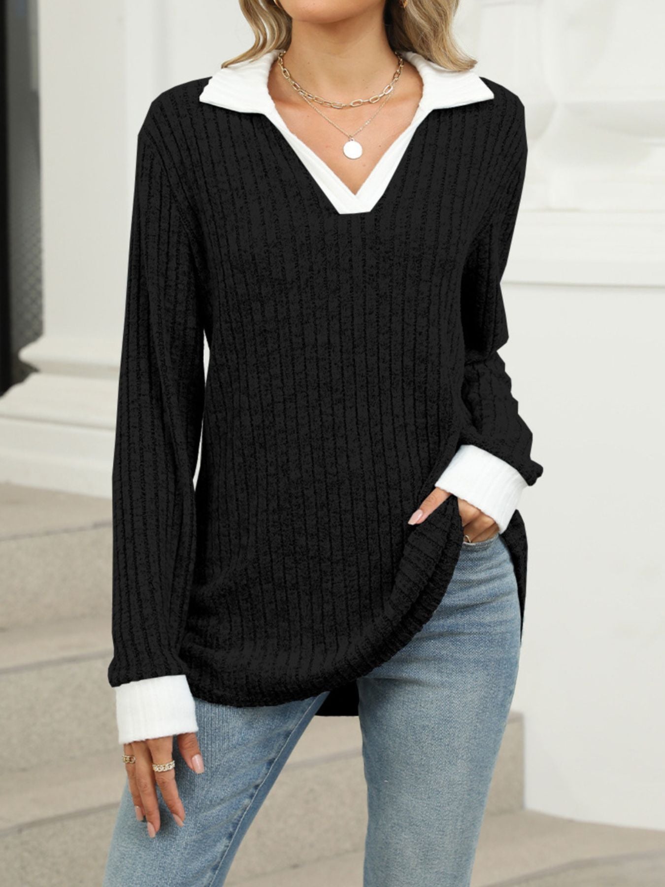 Cedar & Moore Ribbed Knit Long Sleeve T-Shirt in black with white collar and cuffs