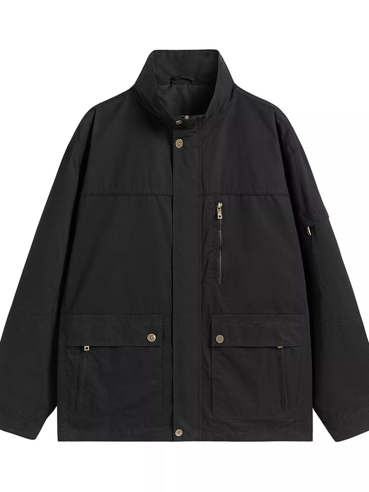 Black zip-up jacket with stand collar and front utility pockets, chest zipper
