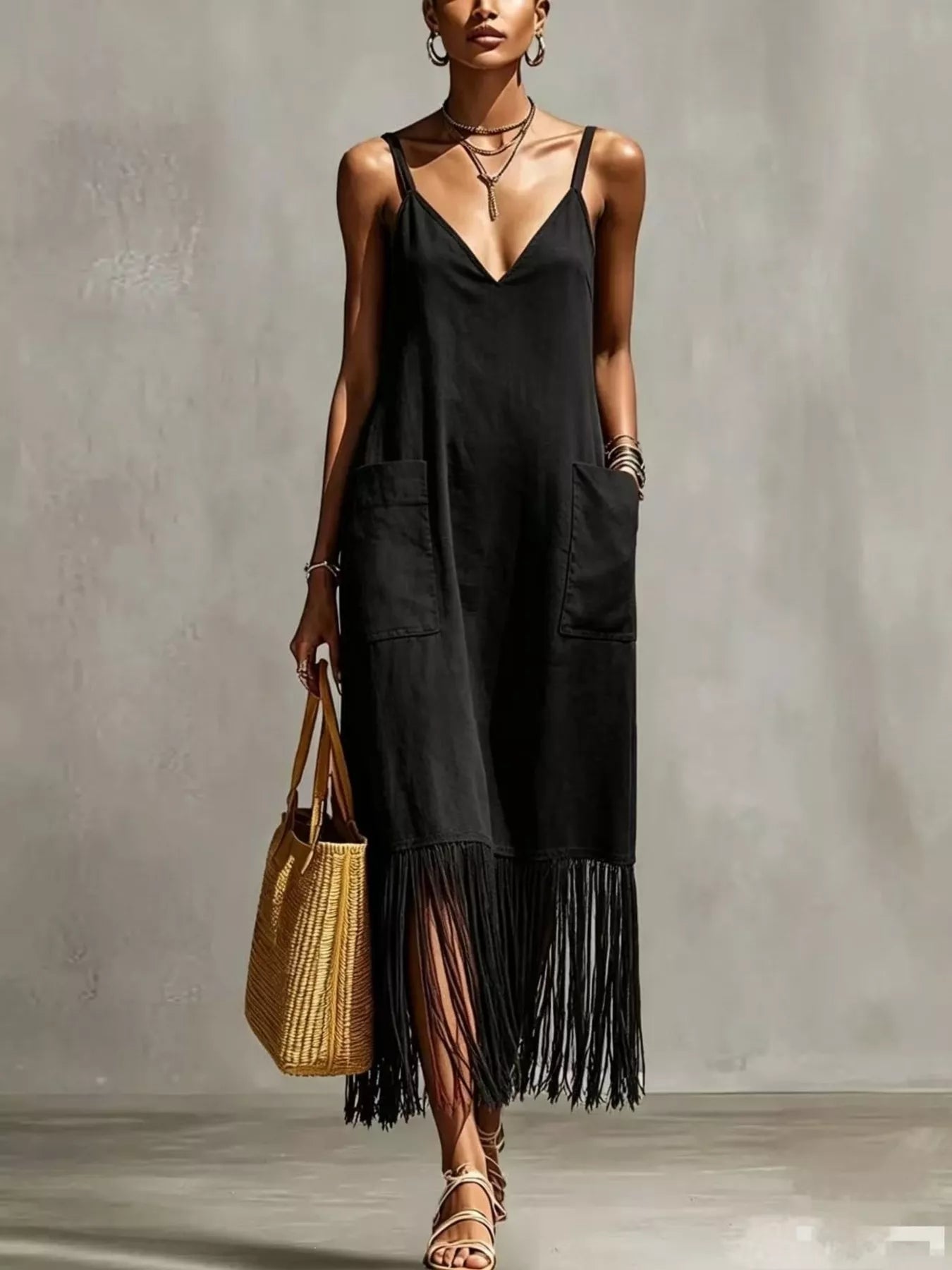 Black V-neck spaghetti strap fringe dress with two chest pockets