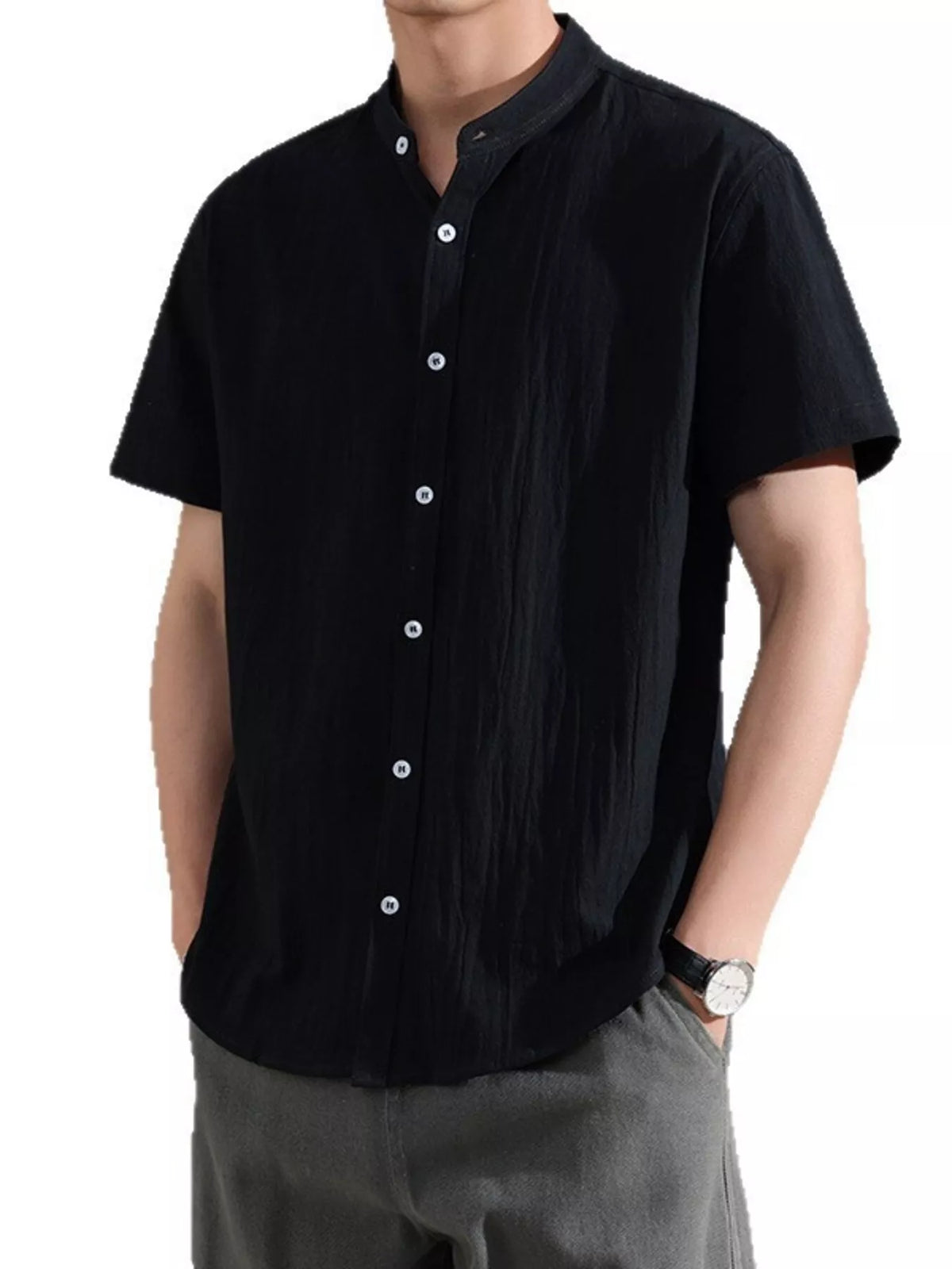 Black short-sleeve button-front cotton-blend shirt with band collar