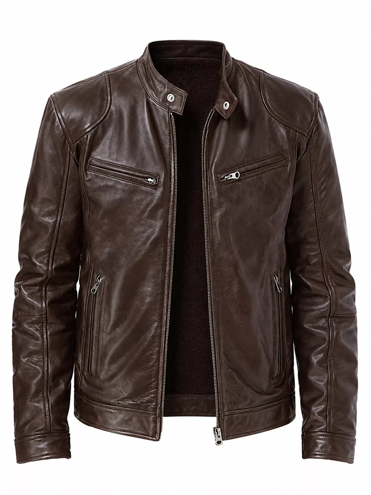 Men's zip-up vegan leather jacket, dark brown with stand collar and zip front.