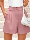 Dusty pink two-button wide-waistband shorts, pleated front, side pockets