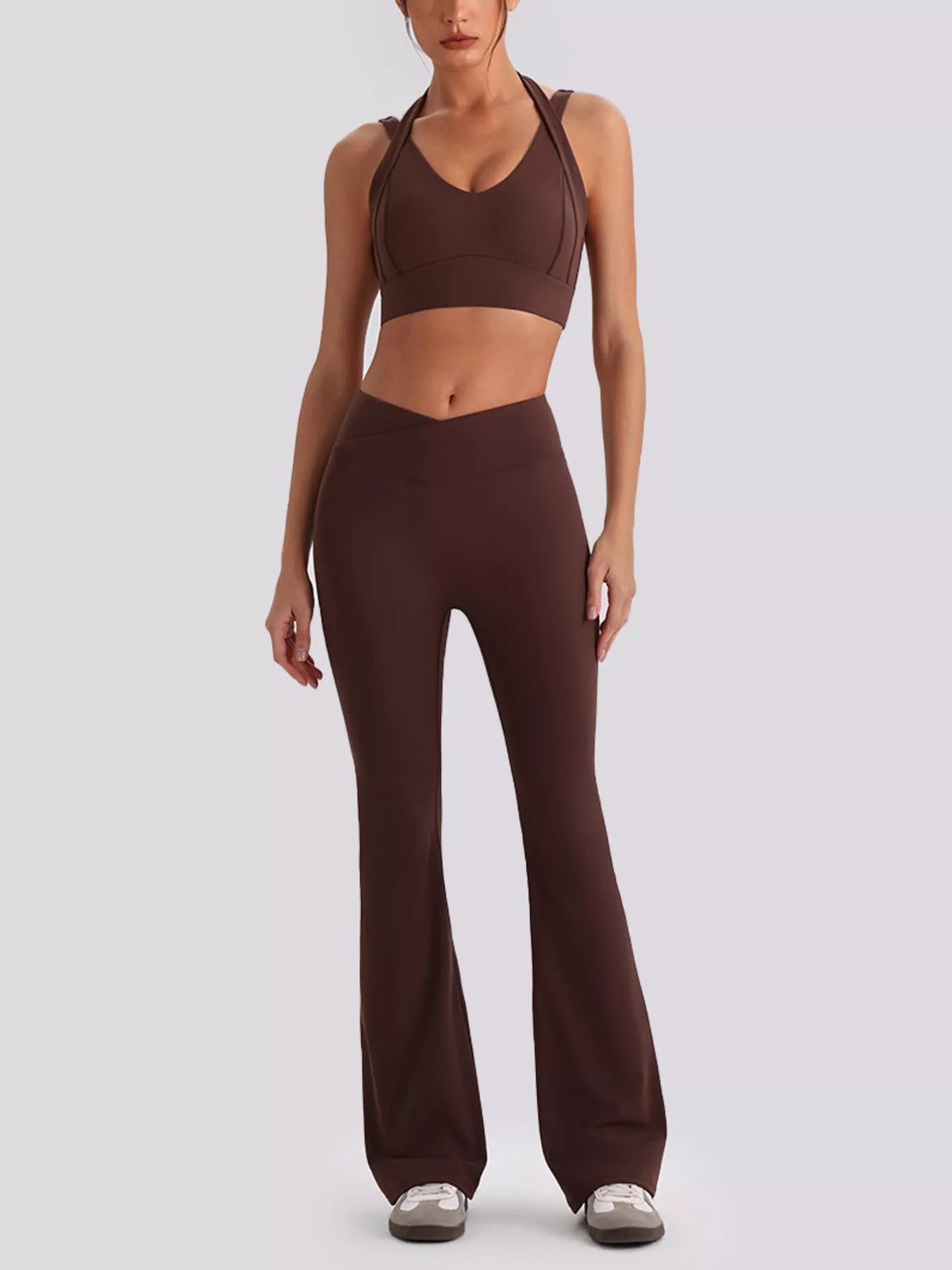 Dark brown seamless v-neck tank and flared leggings set, full body