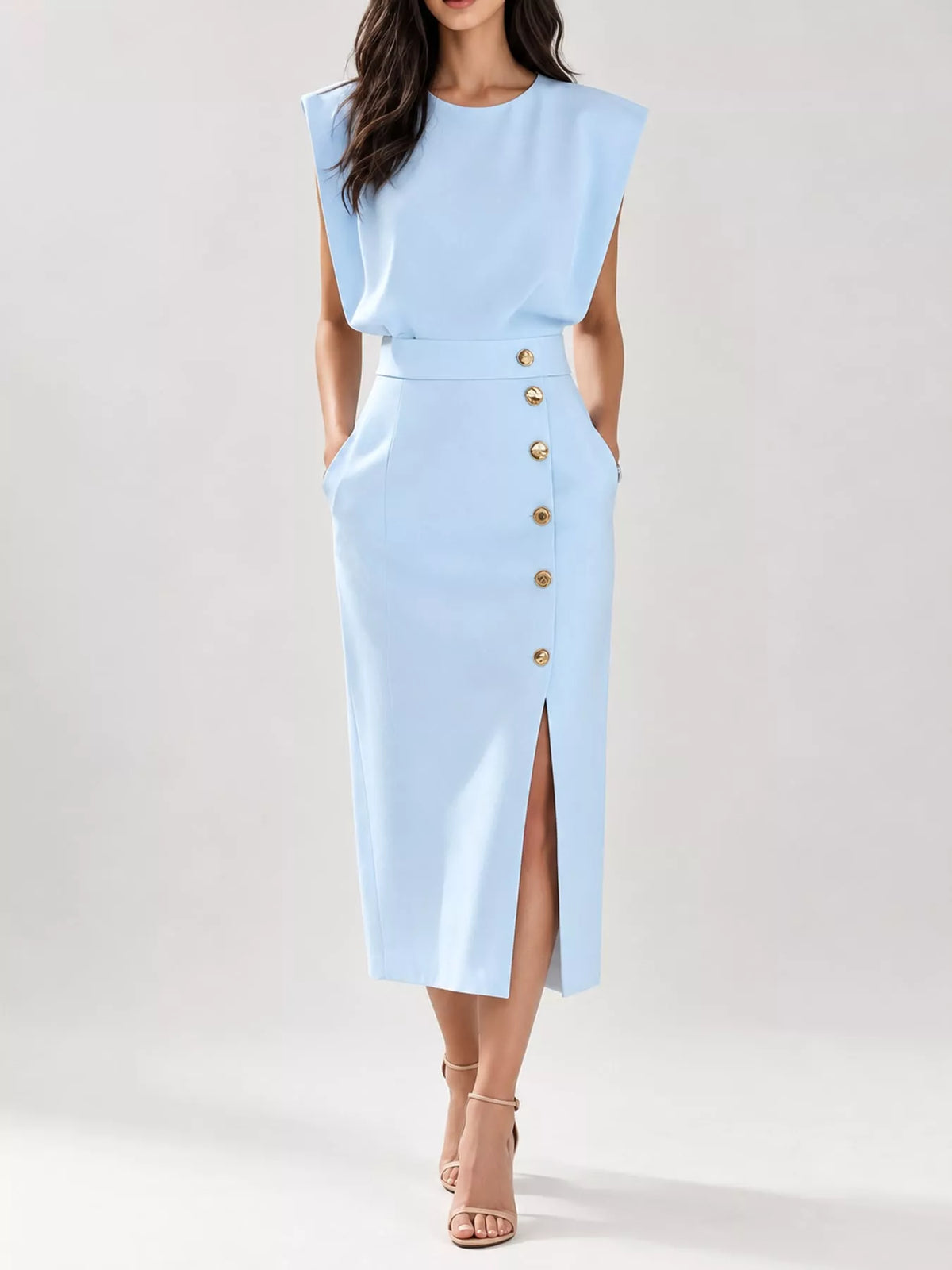 Light blue sleeveless midi dress with gold buttons and side slit, fitted waist