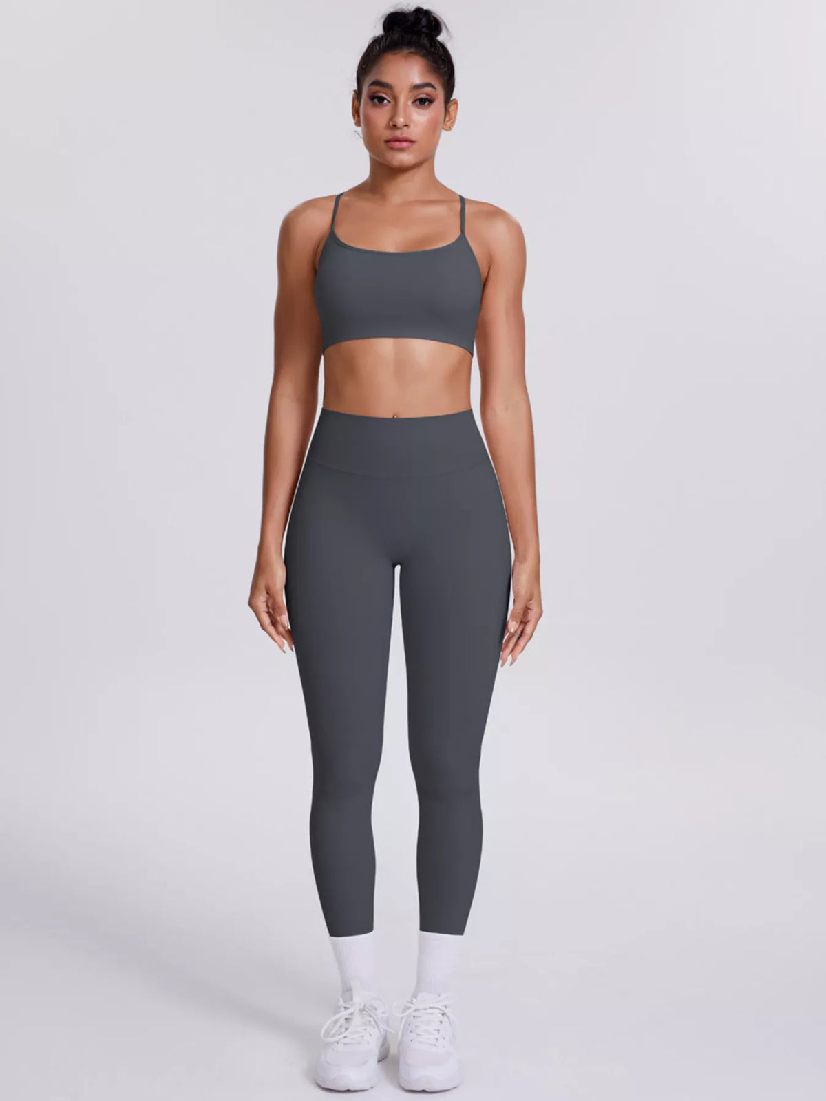 Dark gray seamless cami crop top and high-rise capri leggings set