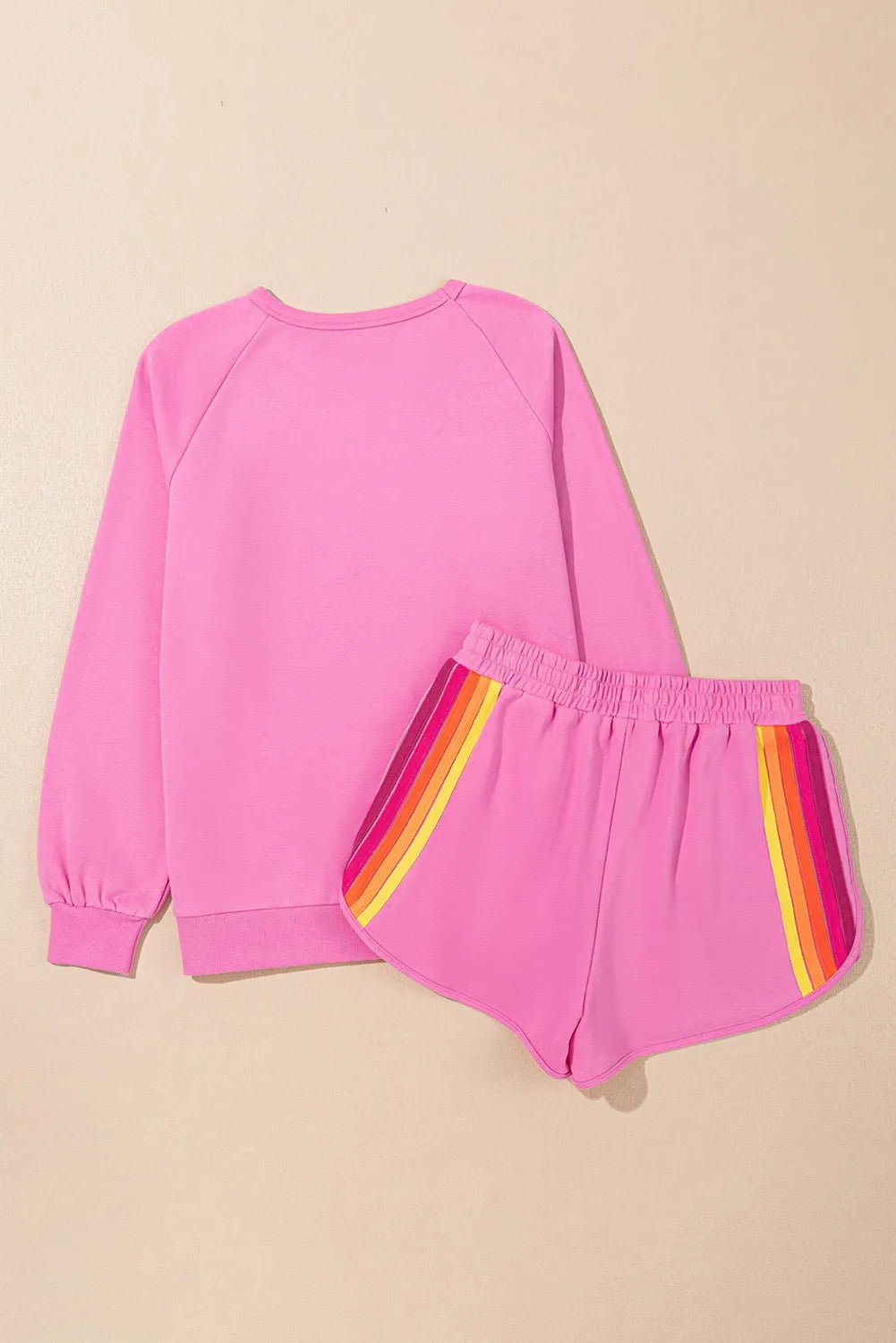 Round-neck top and shorts set with rainbow stripe detail on shorts front