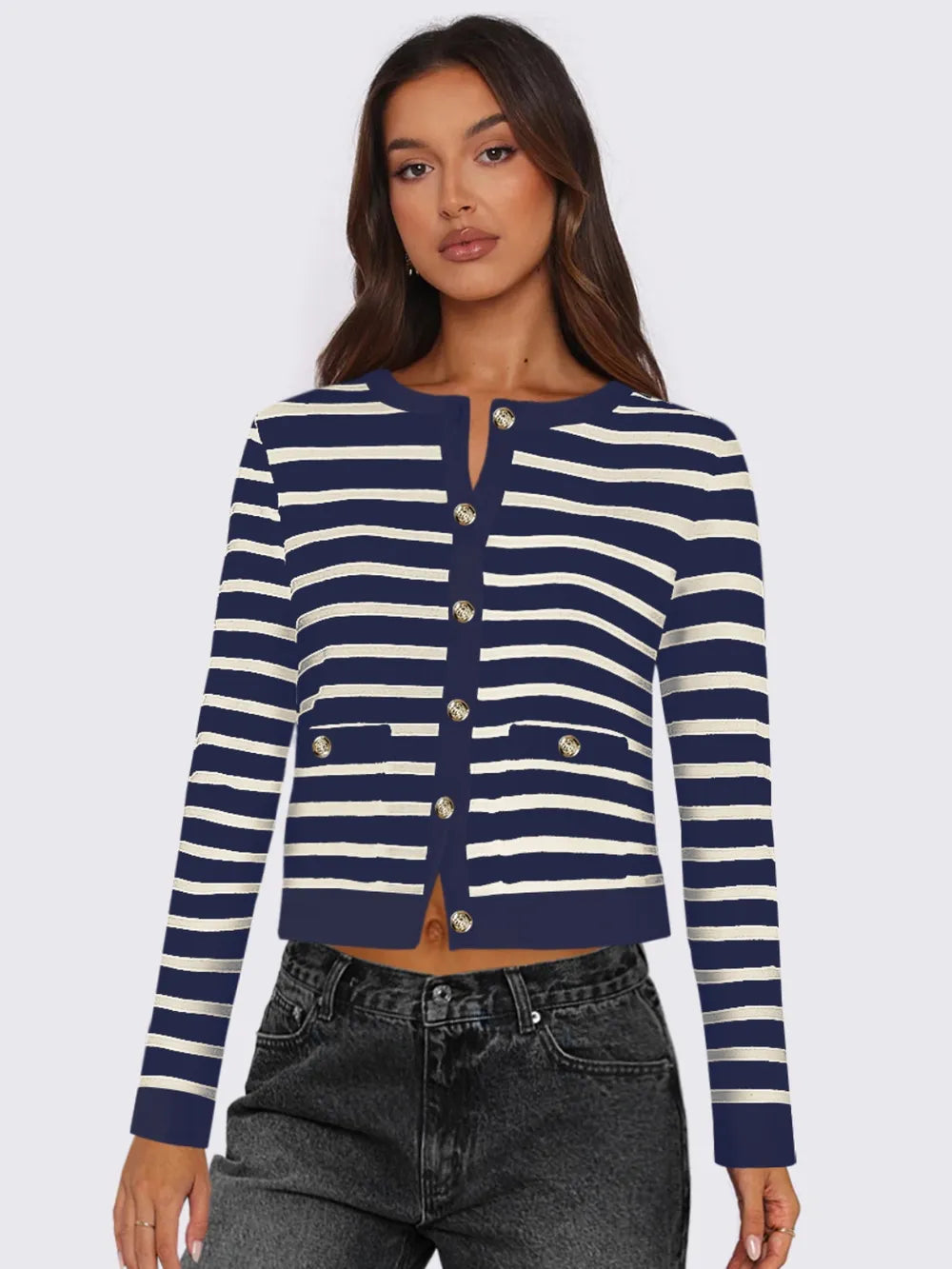 Striped button-up cardigan with round neck and long sleeves, navy and white