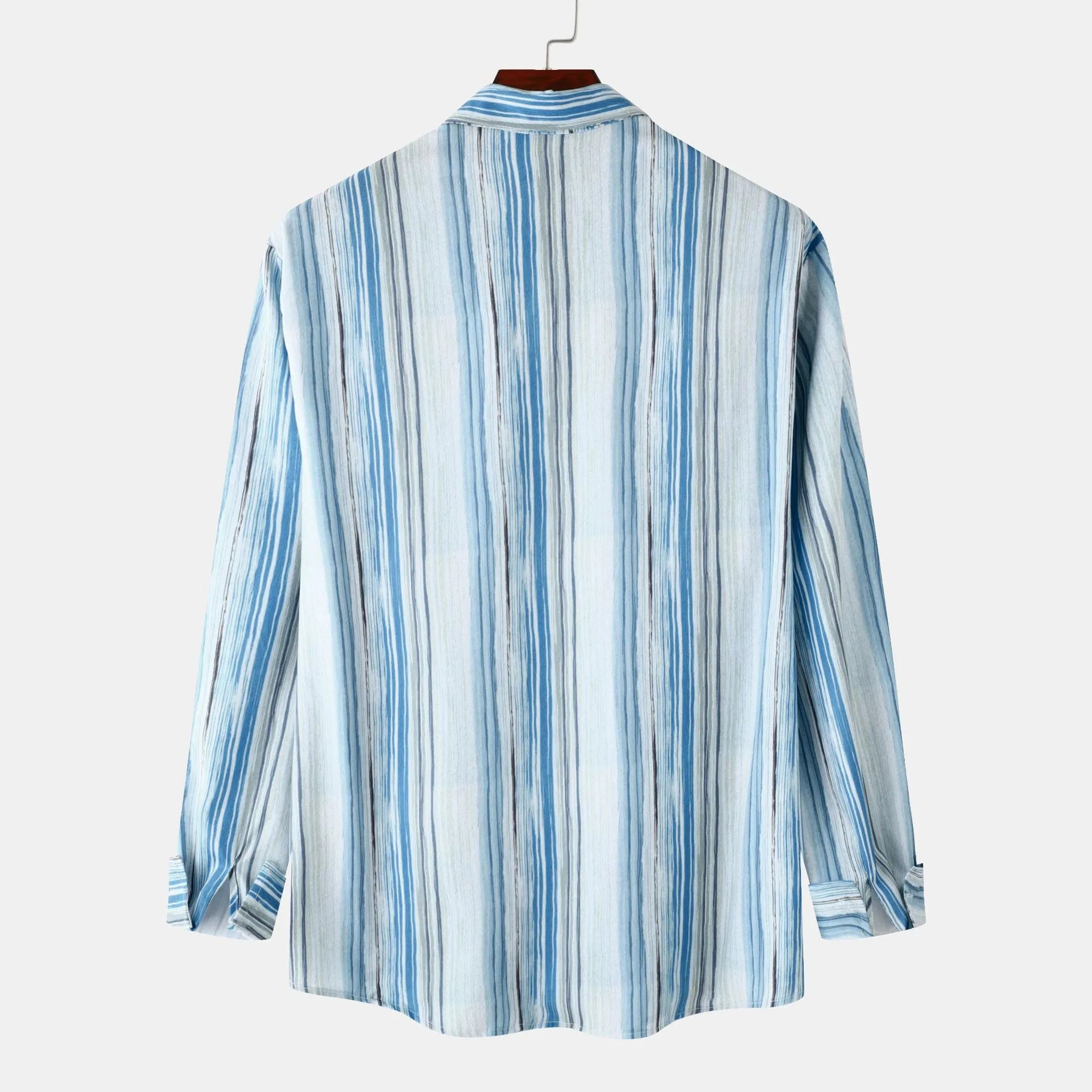 Men's striped button-up shirt, pastel blue and white, back view, long sleeves