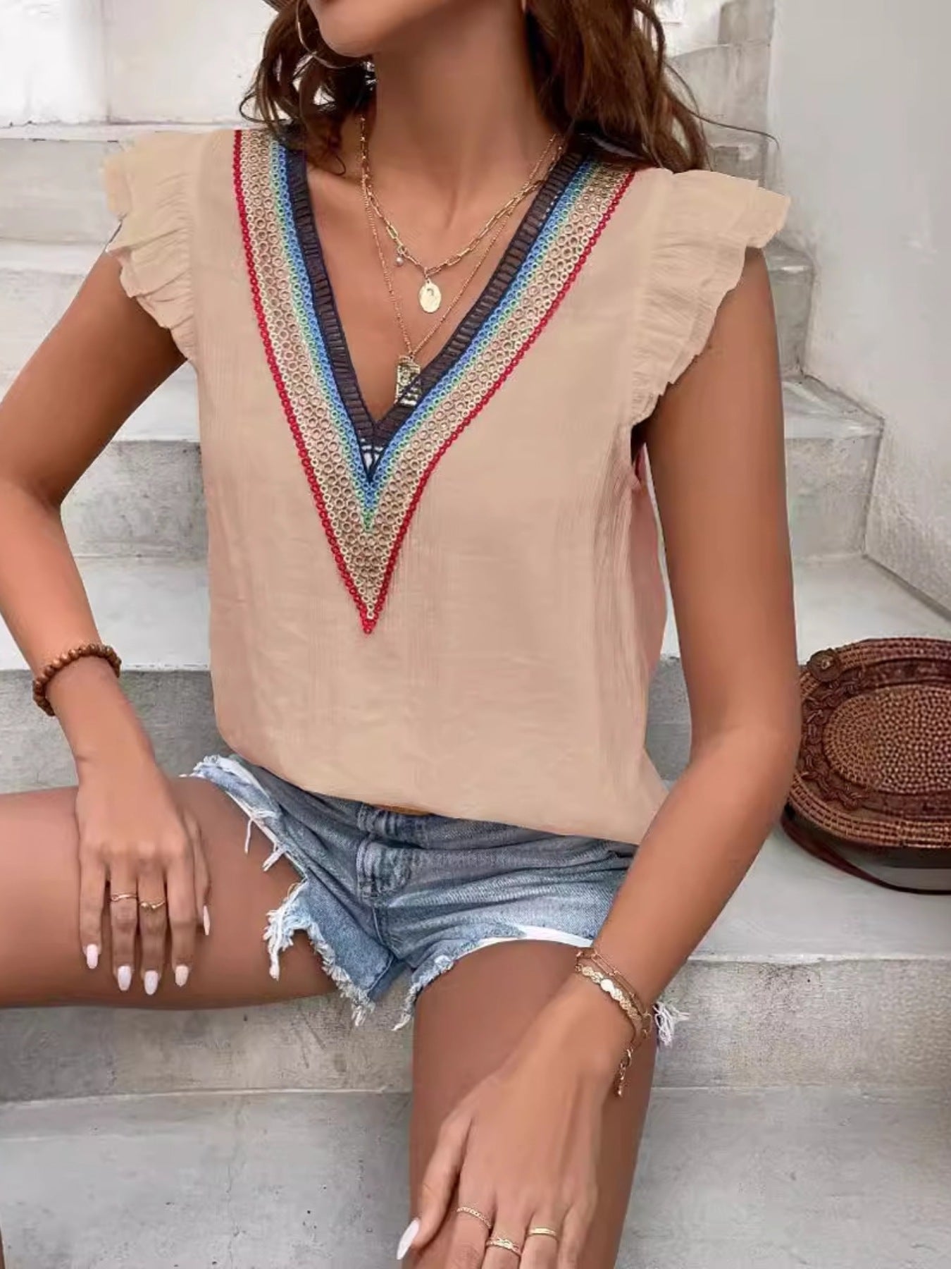 V-Neck Ruffled Cap Sleeve Blouse by Trendsi in beige with multicolor trim