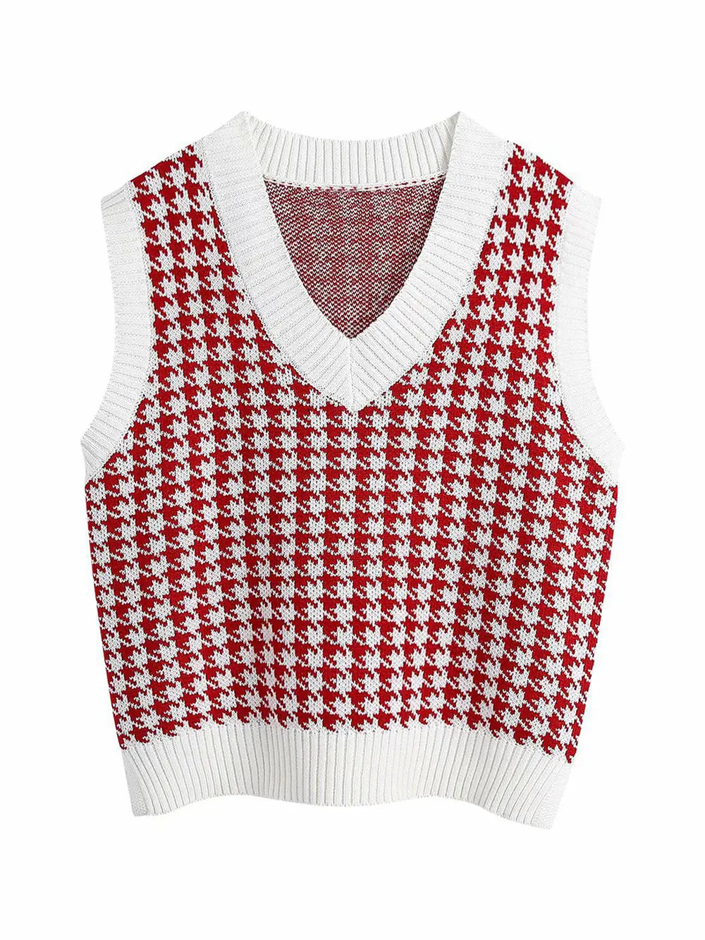 Red-and-white houndstooth V-neck sweater vest with ribbed trim
