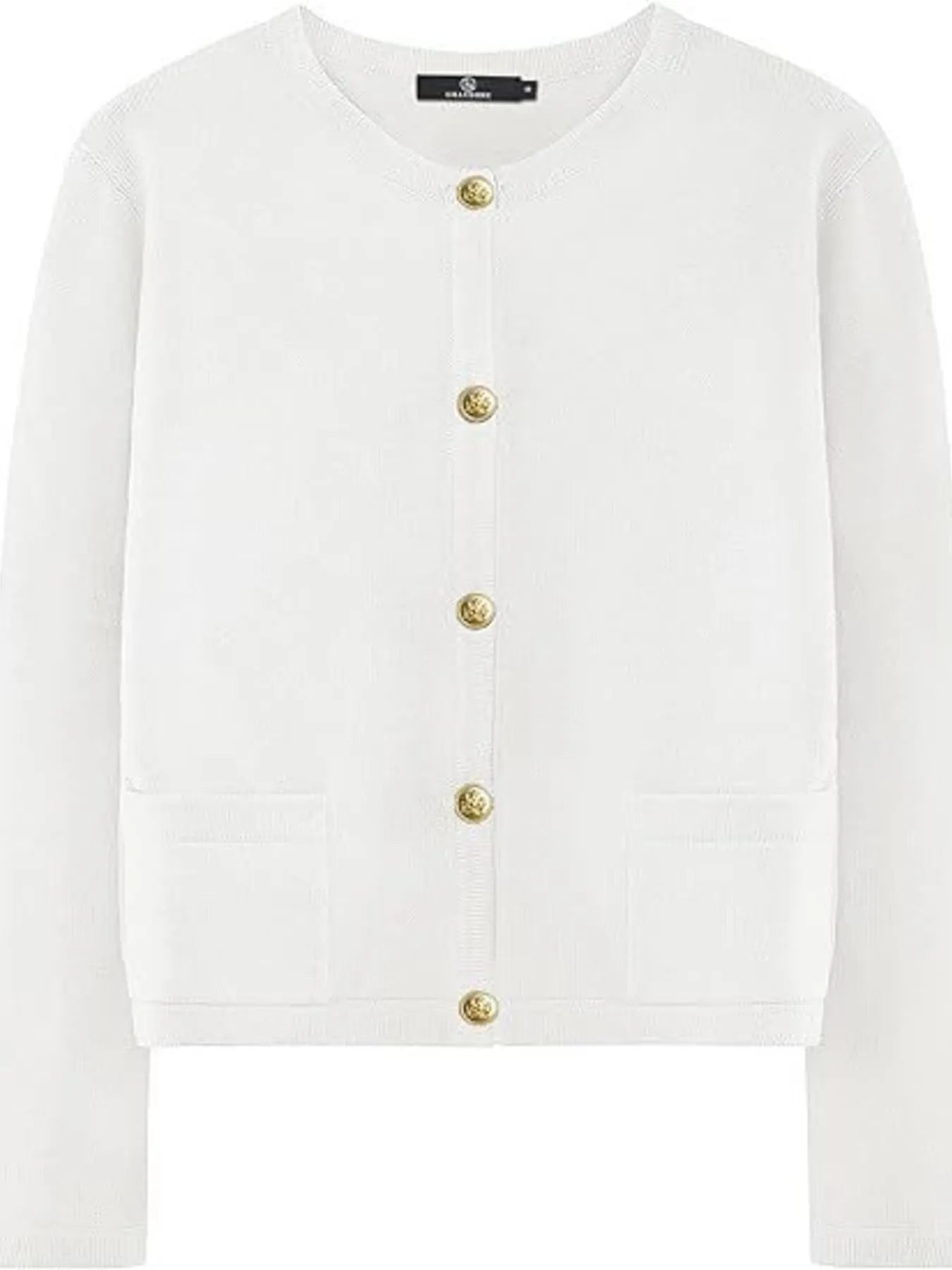 White button-up cardigan with gold buttons and small chest pockets