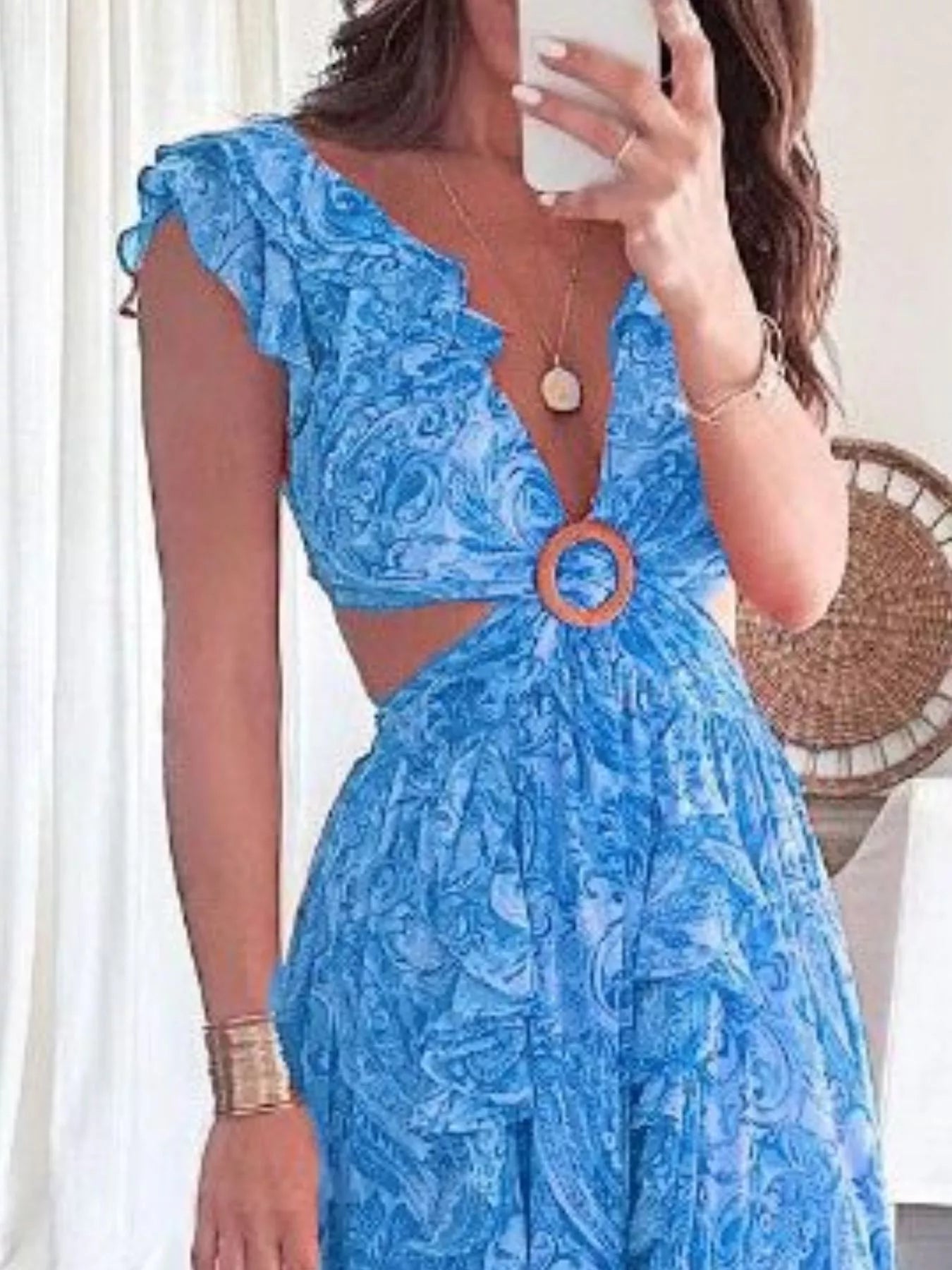 Cedar & Moore Full Size Ruffled Cutout V-Neck Maxi Dress Plus Size, blue floral, Trendsi