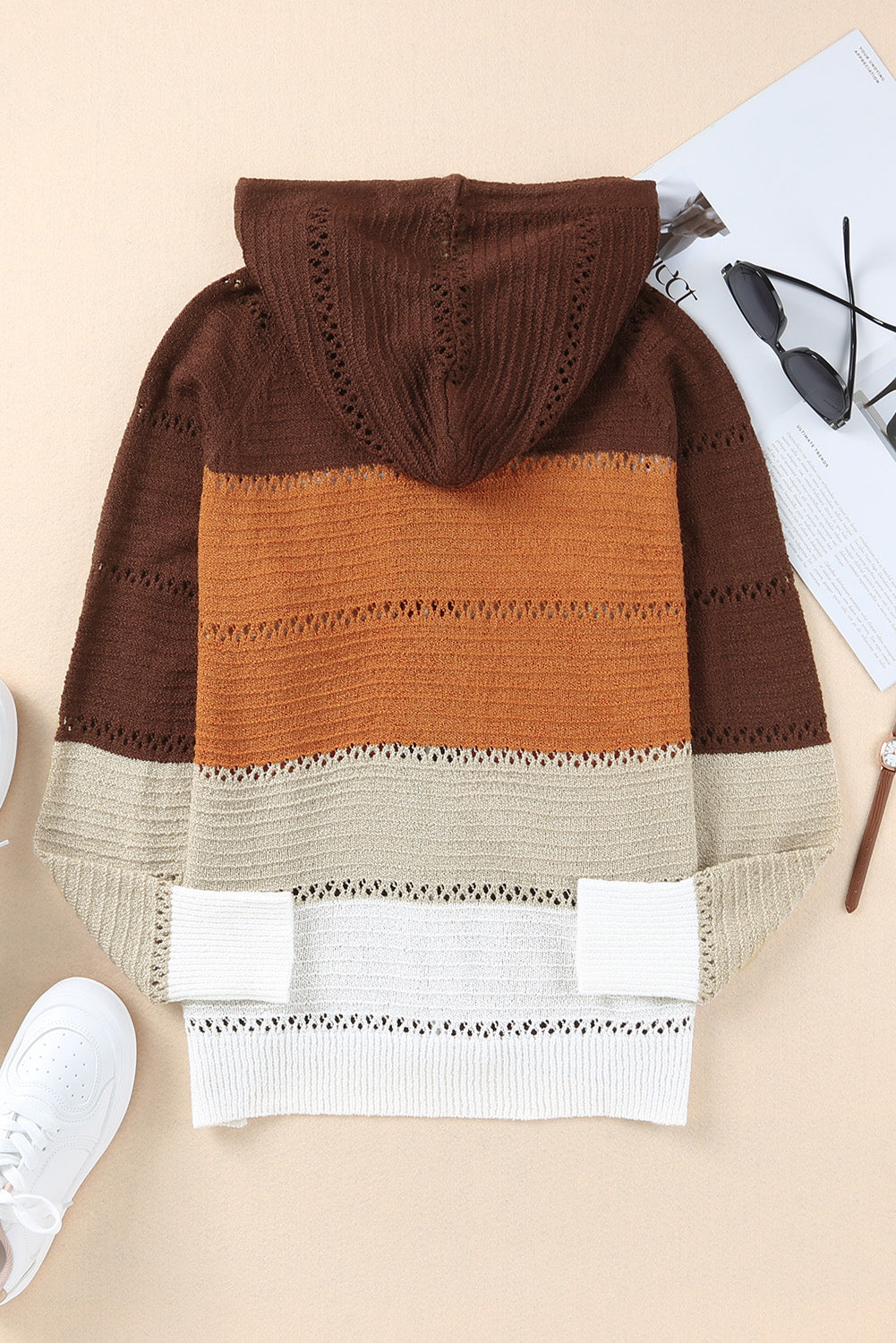 Zip-up hooded cardigan back in dark brown with cream and orange striped openwork knit