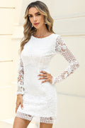 White lace round-neck long-sleeve mini dress, floral motifs, scalloped hem