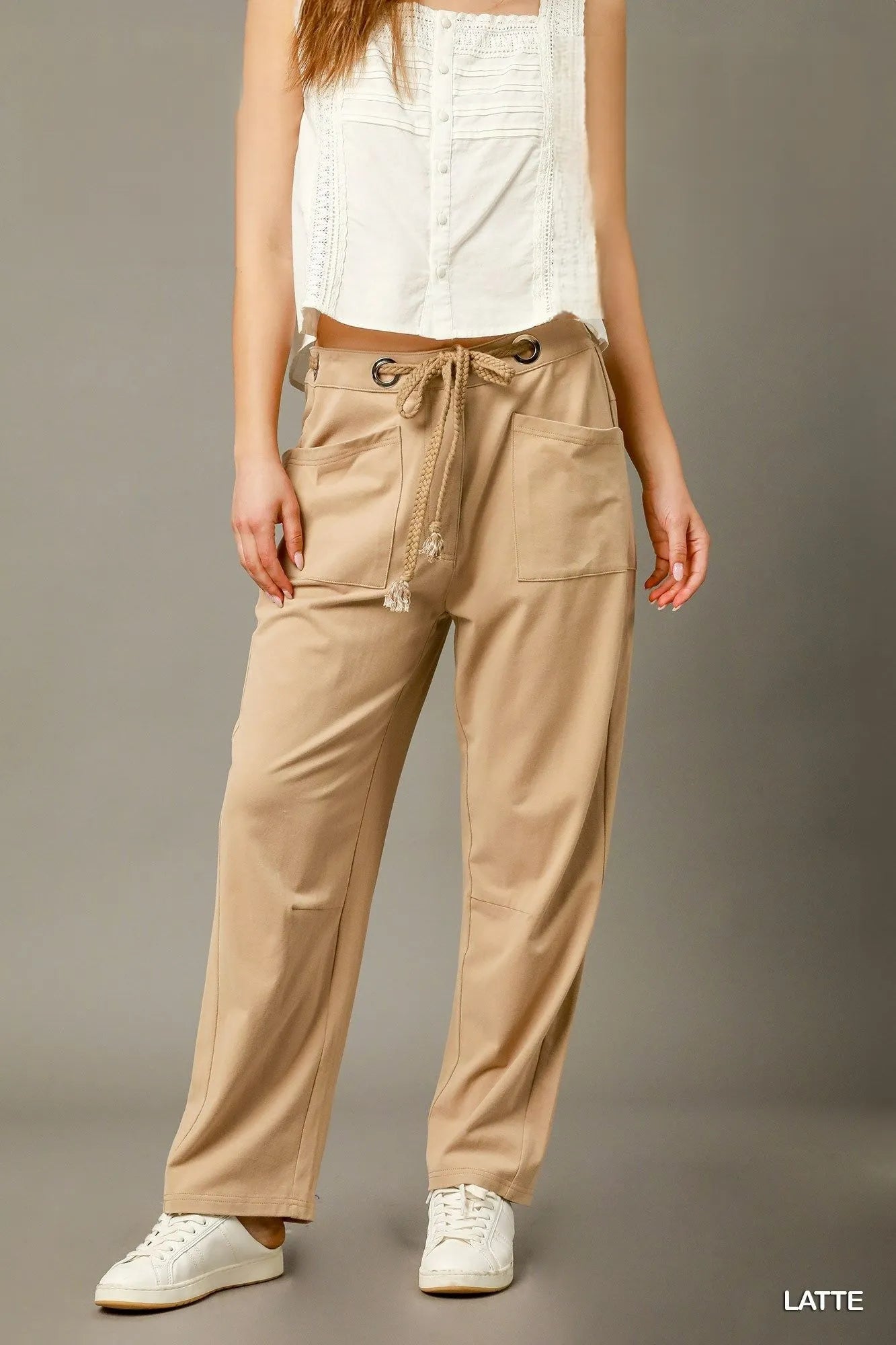 Latte cargo-inspired drawstring pants with front pockets and cuffed ankles