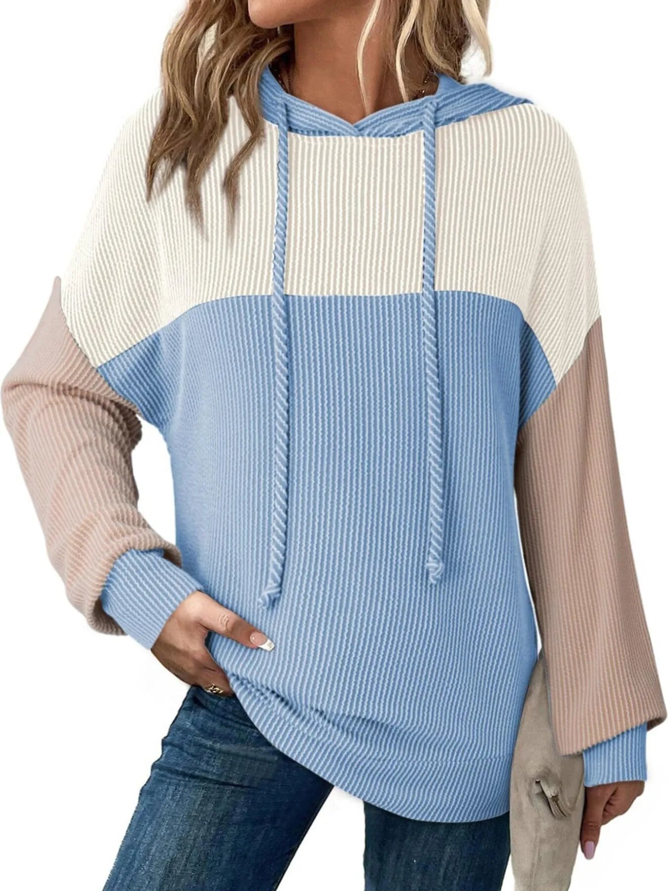 Color block long sleeve hoodie in sky blue and beige, striped knit, drawstring hood, front pocket