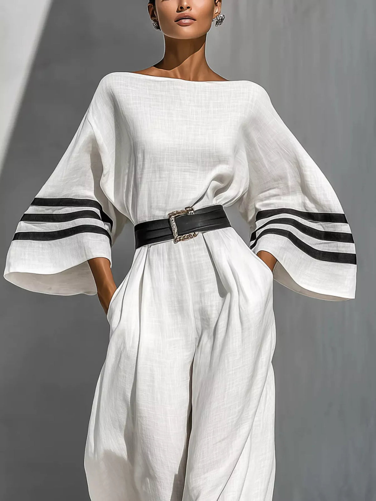 White wide-sleeve jumpsuit with striped cuffs and black waist belt
