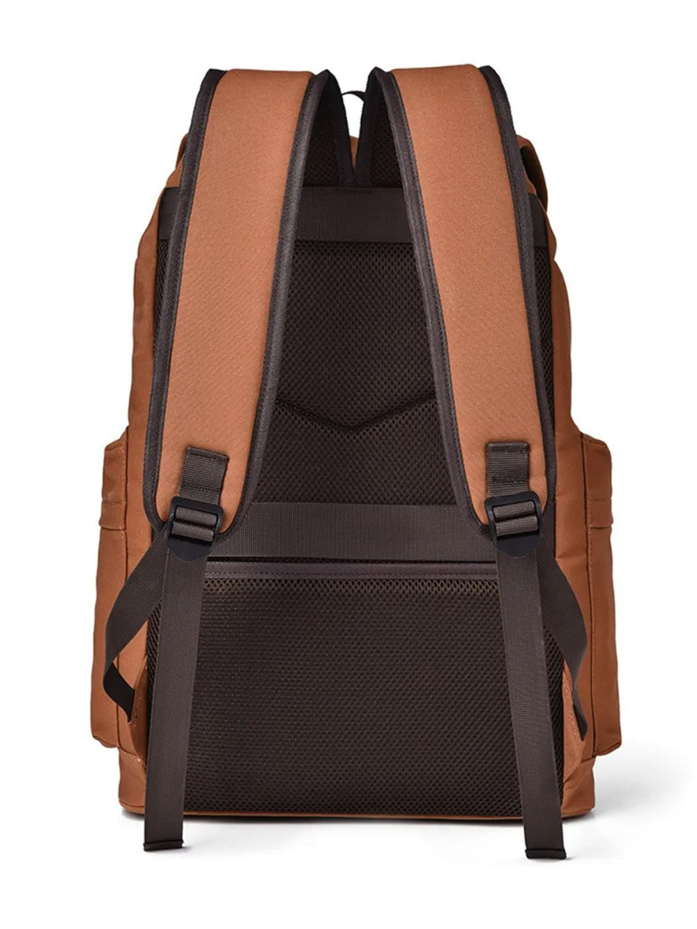 Ochre canvas backpack back view with mesh panel and adjustable shoulder straps