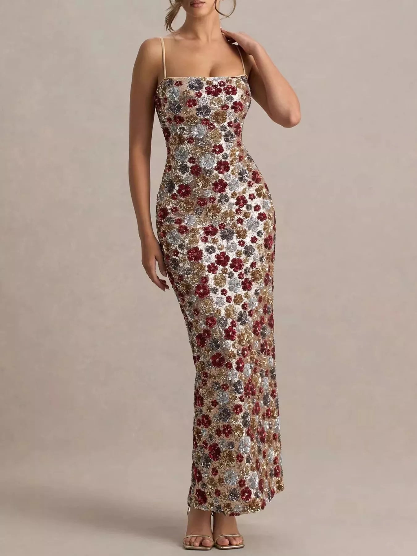 Cedar & Moore Slit Floral Sequin Bodycon Maxi Dress in multicolor sequins by Trendsi